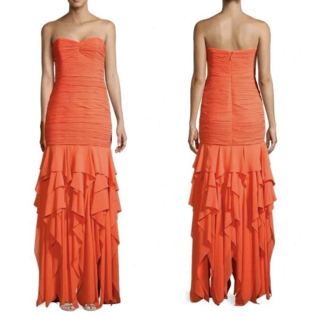 NWT Halston Heritage Size 14 Strapless Pleated Ruffle Orange Evening Gown Dress